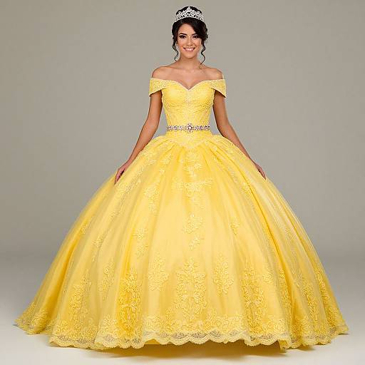 Photograph of a smiling woman in a bright yellow, off-shoulder, lace ball gown with a full skirt, wearing a silver tiara,
