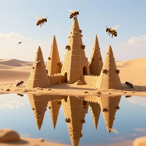 Digital artwork of a sandcastle with five spires, reflecting in a still water pool, surrounded by flying bees in a desert.