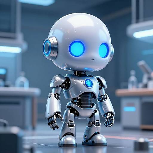 CGI image of a small, shiny, blue-eyed, robotic child with a round head and metallic body standing in a futuristic lab.