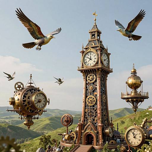 Steampunk clock tower with ornate gears and four flying colorful birds against a clear blue sky and lush green hills.