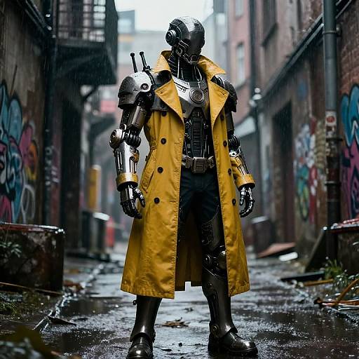 Futuristic Warrior in Rainy Alley