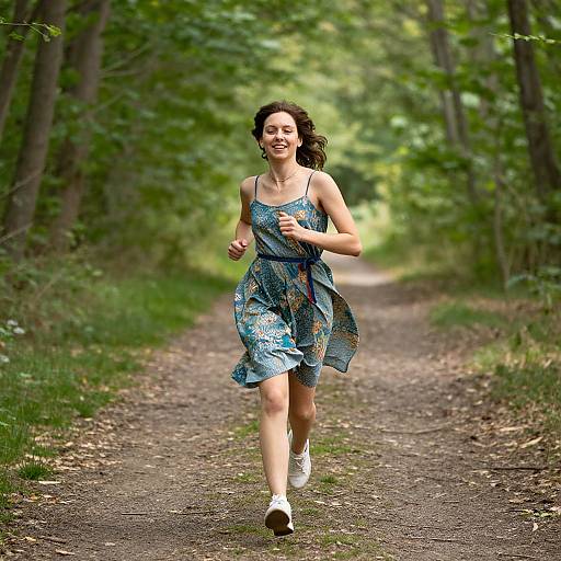 Photograph of a smiling woman with curly brown hair, wearing a blue floral dress and white sneakers, running on a forest path.