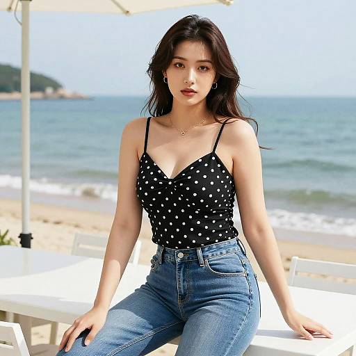 Photograph of an Asian woman with long black hair, wearing a black polka dot tank top and high-waisted blue jeans, sitting on a