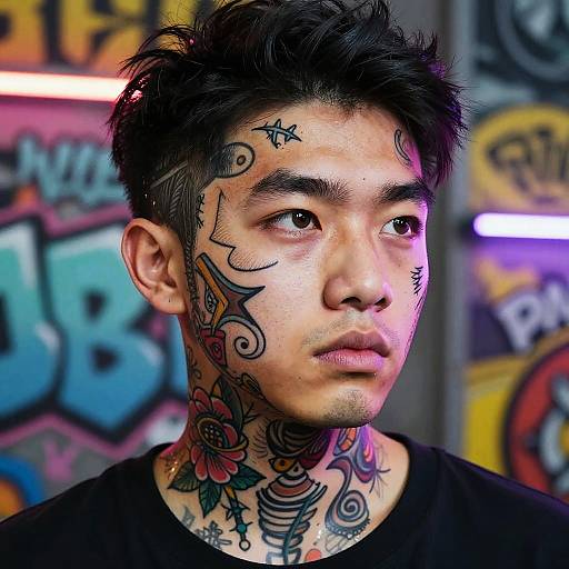 Dynamic Cartoon Neck Tattoo Portrait