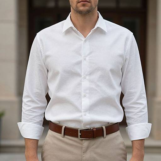 Photograph of a man with light skin and short beard, wearing a crisp white button-up shirt and beige pants, with a brown belt, standing against