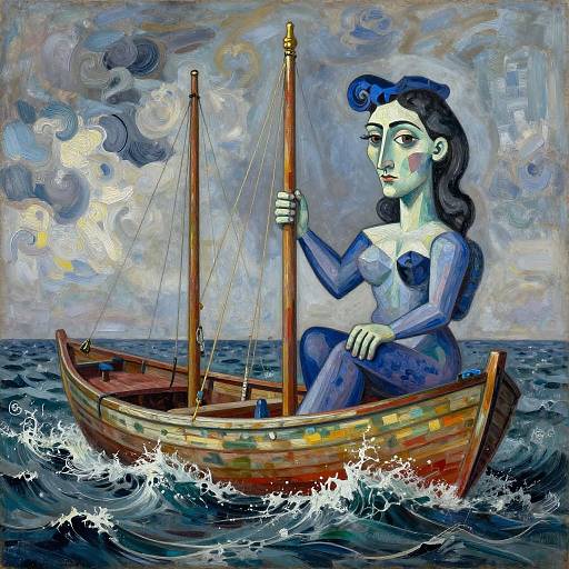 Painting of a blue-skinned woman with dark hair sailing a wooden boat on choppy waters, holding a tall mast under a stormy sky.
