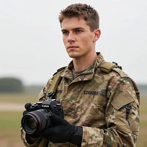 Soldier Holding Canon Camera in Army Fatigues