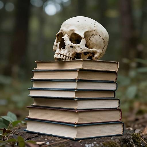 Photograph of a white skull with detailed sutures, perched atop a stack of five closed, worn books in a forest.