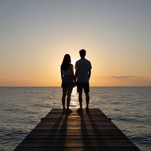Silhouetted couple standing on wooden pier at sunset, holding hands, with ocean and orange sky backdrop. Photographic image.