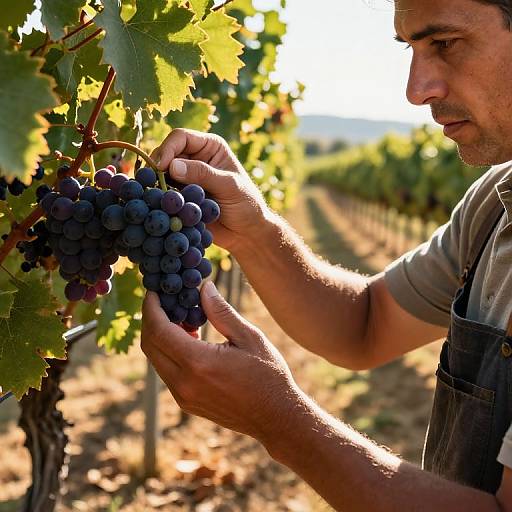 Photograph of a sunlit vineyard: a man with short brown hair and a grey shirt carefully plucks a bunch of dark purple grapes from a