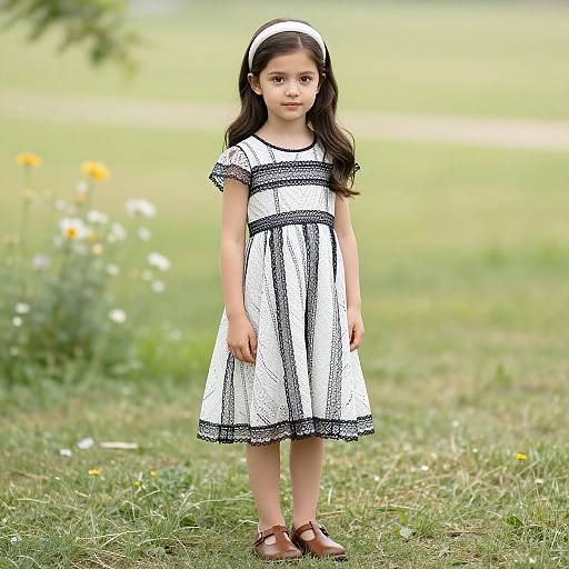Photograph of a young girl with long dark hair, wearing a white dress with black trim, brown shoes, and white headband, standing in a