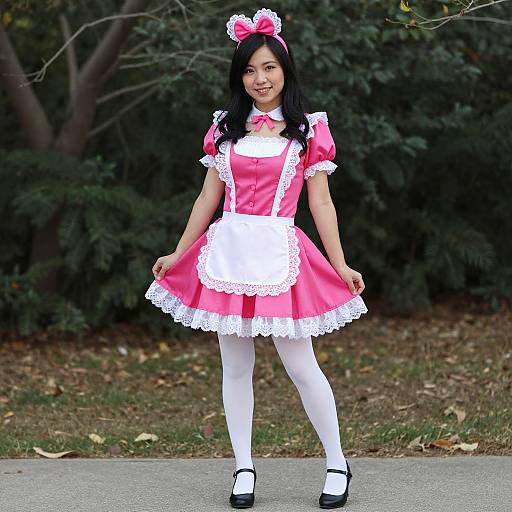 Asian woman in pink maid costume with white lace trim, white tights, black shoes, and pink bow headpiece, standing outdoors. Photographic image