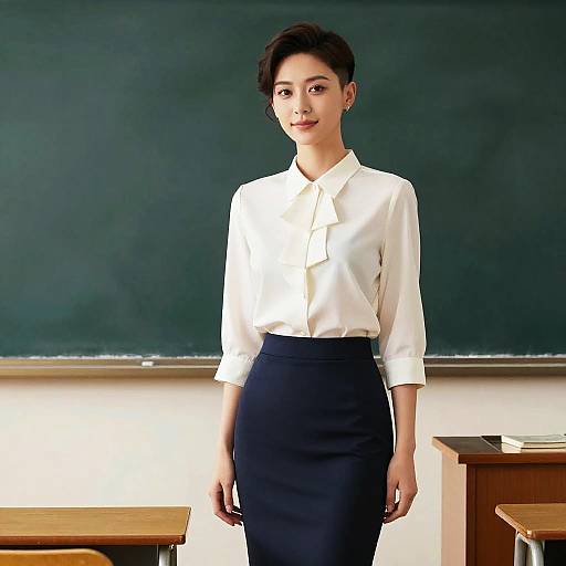 Photograph of an Asian woman with short black hair, wearing a white blouse and navy skirt, standing in a classroom with a dark green chalkboard behind