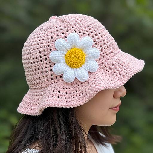 Photograph of a young woman with fair skin, wearing a pink crocheted bucket hat with a large white daisy and yellow center, against a