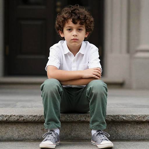 Serious Young Boy on Stone Steps
