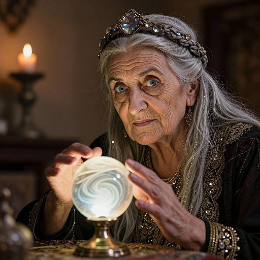 Photograph of an elderly woman with long gray hair, wearing a jeweled crown and black embroidered gown, holding a glowing glass orb under soft candlelight