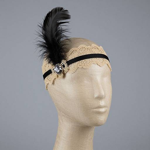 Photograph of a beige mannequin head wearing a black lace headband with a black feather and pearl embellishment, against a plain gray background.