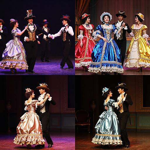 Photograph of a vibrant, multi-colored ballet performance featuring dancers in elaborate Victorian-era costumes, top hats, and ornate dresses, dancing on a stage