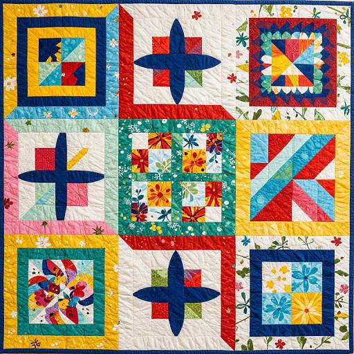 Colorful quilt pattern featuring nine geometric star blocks with vibrant fabrics, floral prints, and contrasting borders, arranged in a grid.