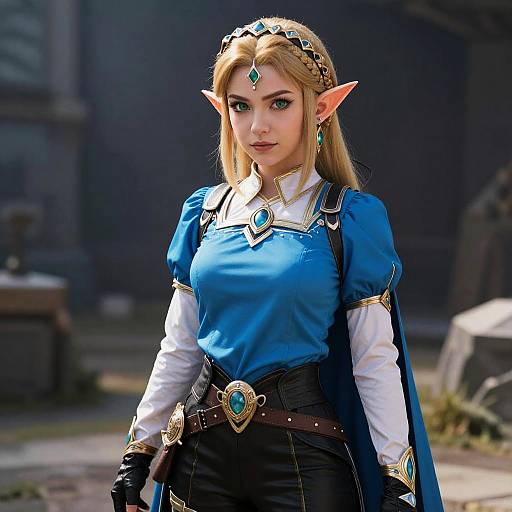 Digital artwork of a blonde, elven woman in blue and white fantasy attire, with pointed ears, blue gem jewelry, and a confident expression, standing