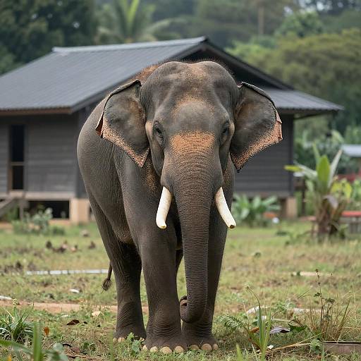 Asian Elephant Standing in Grassy Field