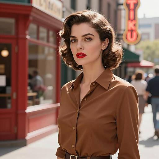 1950s Style Woman in Brown Shirt on City Street