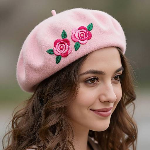 Photograph of a young woman with wavy brown hair, light skin, and subtle smile, wearing a pink beret with embroidered red roses and green