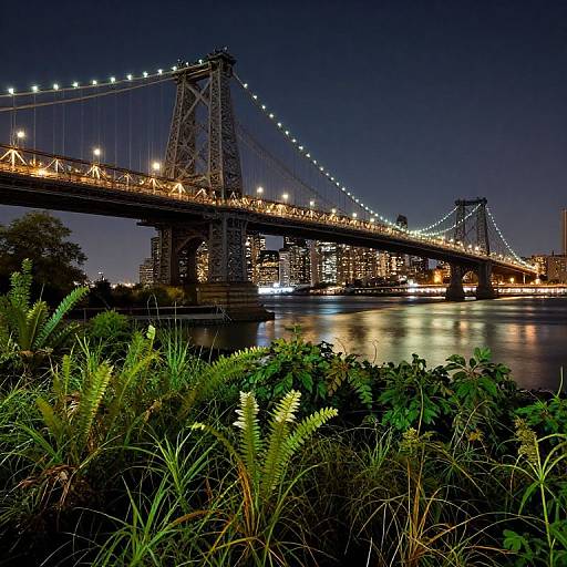 Solarpunk Williamsburg Bridge at Night