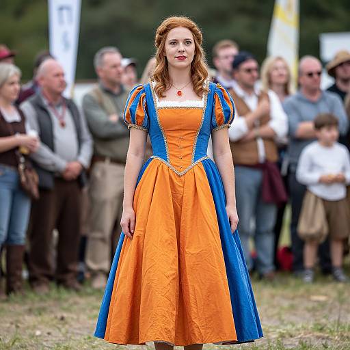 Photograph of a fair-skinned woman with red hair in an orange and blue Disney-style Cinderella dress, standing center with a blurred outdoor audience in