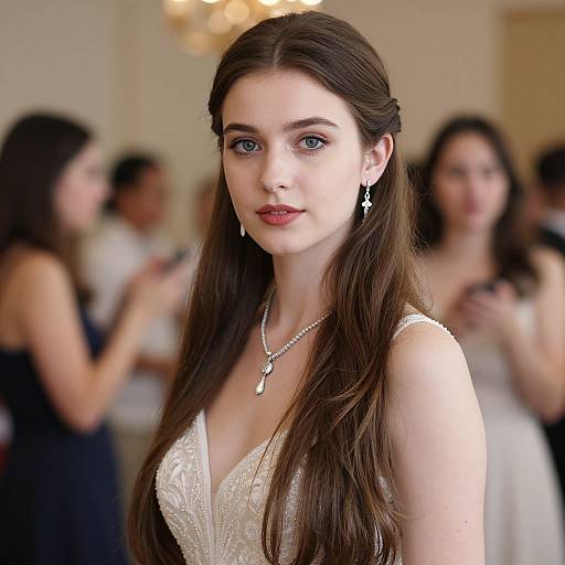 Photograph of a young woman with long brown hair, blue eyes, wearing a white lace dress and silver necklace, standing in a blurred, elegant indoor