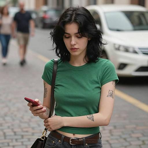 Young Woman on Cobblestone Street