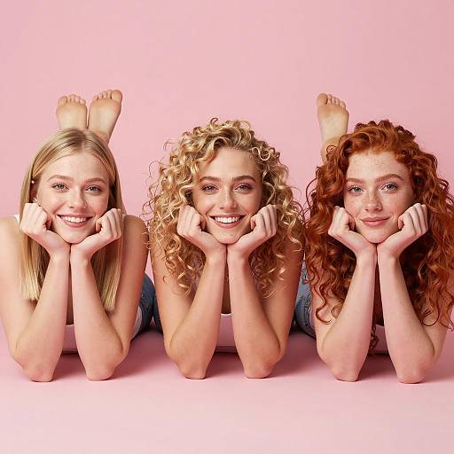 Three Women Relaxing on Pink Background