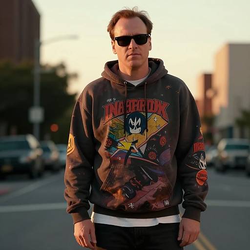 Photograph of a middle-aged man with dark sunglasses, brown hair, wearing a graphic 