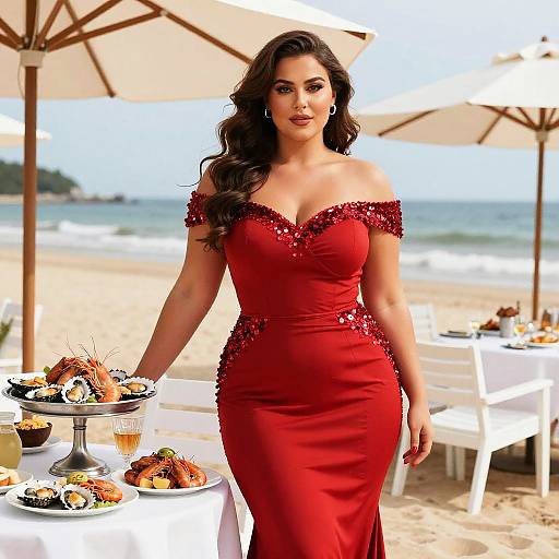 Elegant Woman in Red Mermaid Gown