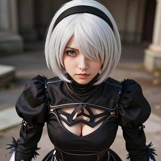 Photograph of a young woman in a detailed black cosplay outfit with white bob wig, black headband, and intricate chest design, standing in a blurred