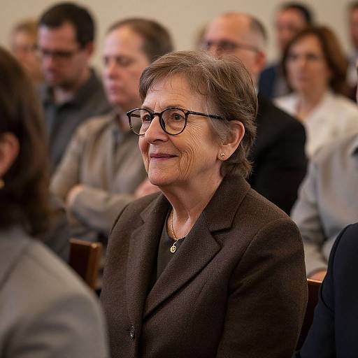 Photograph of an elderly woman with short brown hair, glasses, and brown blazer, smiling in a seated audience with blurred background.