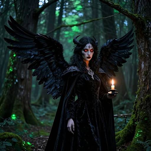 Photorealistic digital art of a dark, winged female demon with glowing red eyes, holding a candle in a misty forest.