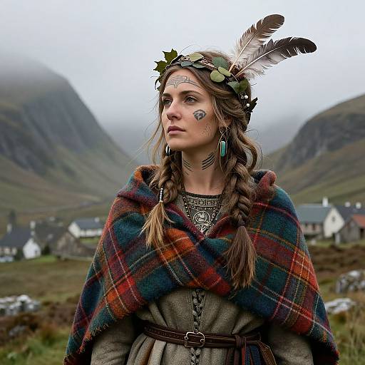 Photograph of a young woman with braided hair, feathered headpiece, and plaid cloak, standing in a misty, mountainous village