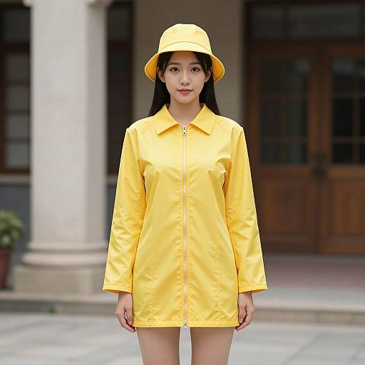 Photograph of an Asian woman with long black hair wearing a yellow bucket hat and matching yellow long-sleeve shirt, standing outdoors in front of a