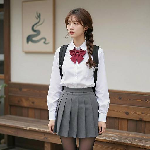 Asian Schoolgirl with Braided Hair and Backpack