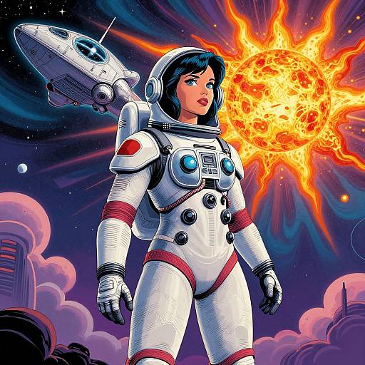 Colorful digital illustration of a brave, blue-eyed woman in a white spacesuit with red accents, standing boldly against a starry sky, with a