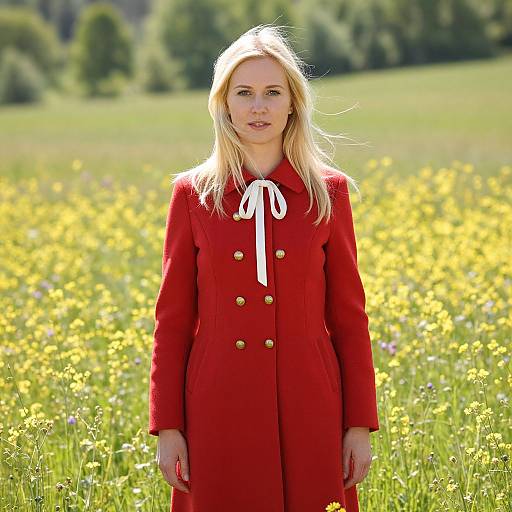 Photograph of a blonde woman in a red coat with white ribbon, standing in a sunny yellow wildflower field, green trees in background.