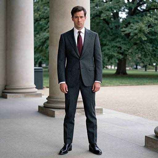 Photograph of a handsome man in a dark gray suit, white shirt, and maroon tie, standing confidently under stone pillars in a park.