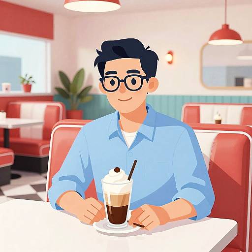 Digital illustration of a smiling man with black glasses, blue shirt, and black hair, sitting in a retro red and white diner, drinking a milkshake