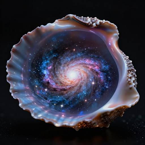 Photorealistic digital artwork of a glowing spiral galaxy inside a textured, iridescent seashell, set against a dark, star-filled cosmos background
