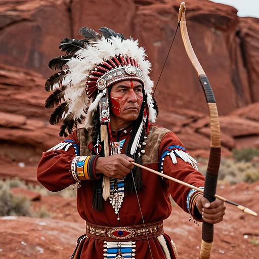 Native American man in traditional red outfit and feathered headdress, drawing a wooden bow in a desert canyon landscape. Photograph.