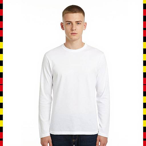 Photograph of a young, fair-skinned man with short brown hair, wearing a plain white long-sleeve shirt and dark jeans, standing against