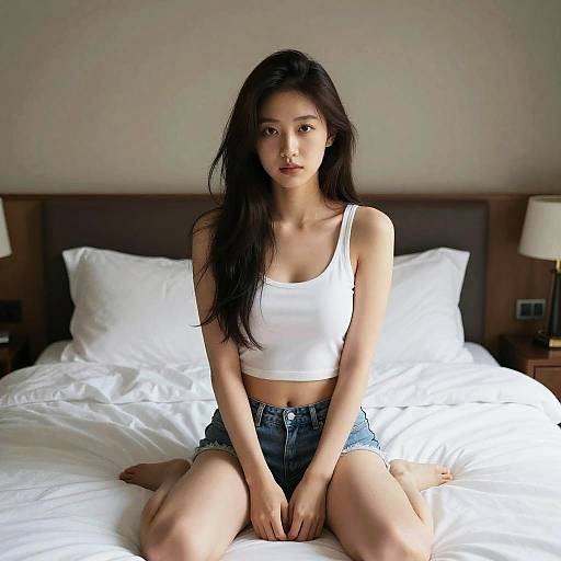 Photograph of an Asian woman with long black hair, wearing a white crop top and denim shorts, sitting on a bed with white sheets in a softly