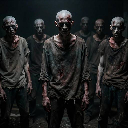 Group of Emaciated Zombie Men in Dark Setting