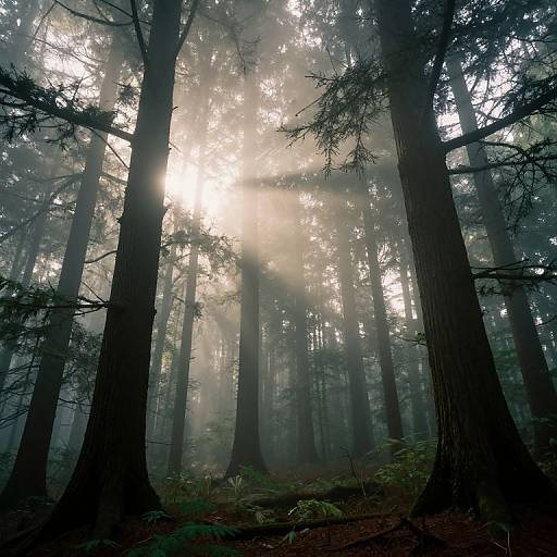 Photograph of a misty forest with tall, dark redwood trees, sunlight streaming through the dense canopy, illuminating the foggy ground.